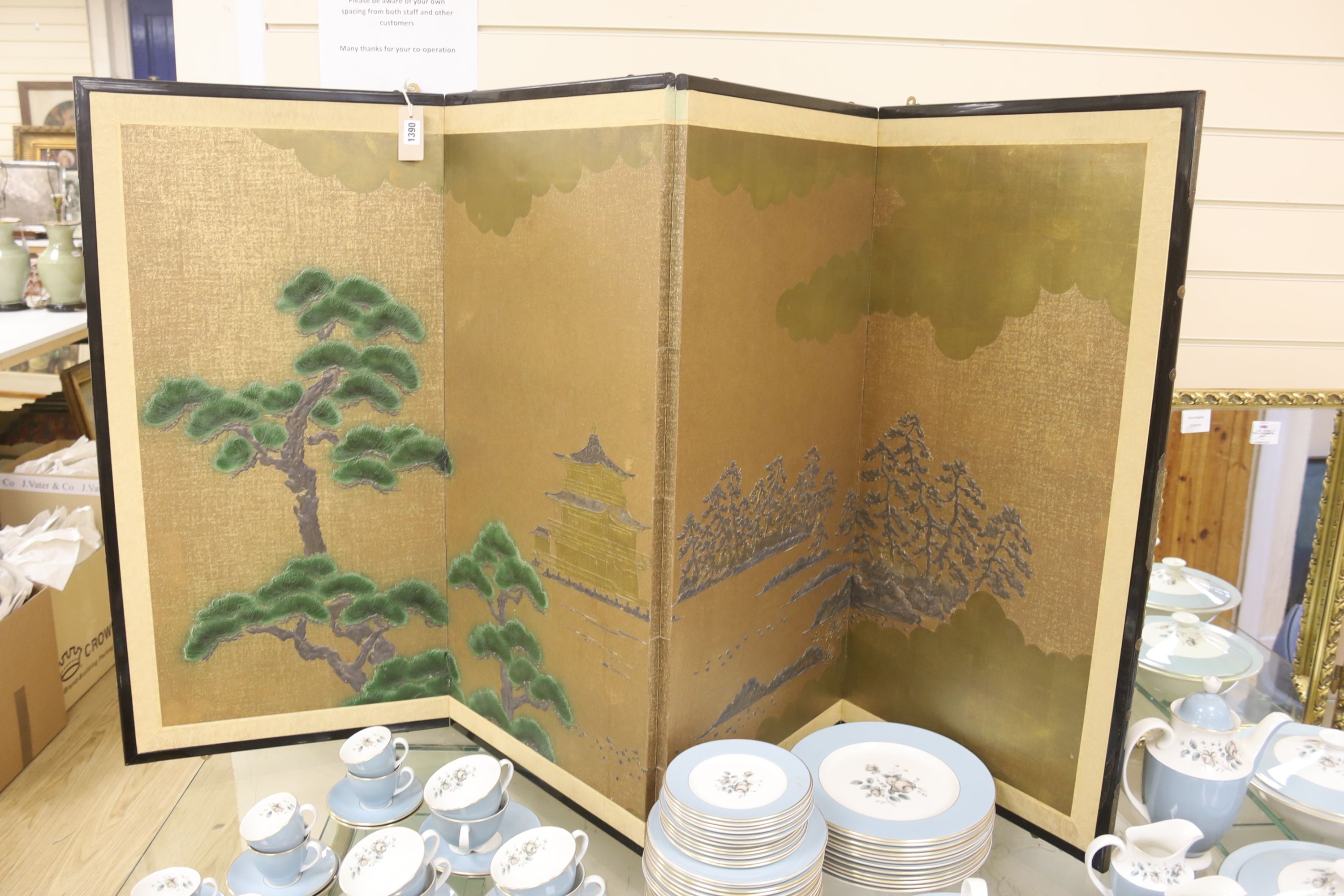 A Japanese four-fold screen, gold ground,